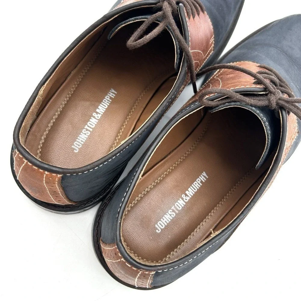 Johnston & Murphy McGuffey Navy Blue Brown Leather Plain Toe Derby Size 10.5 M